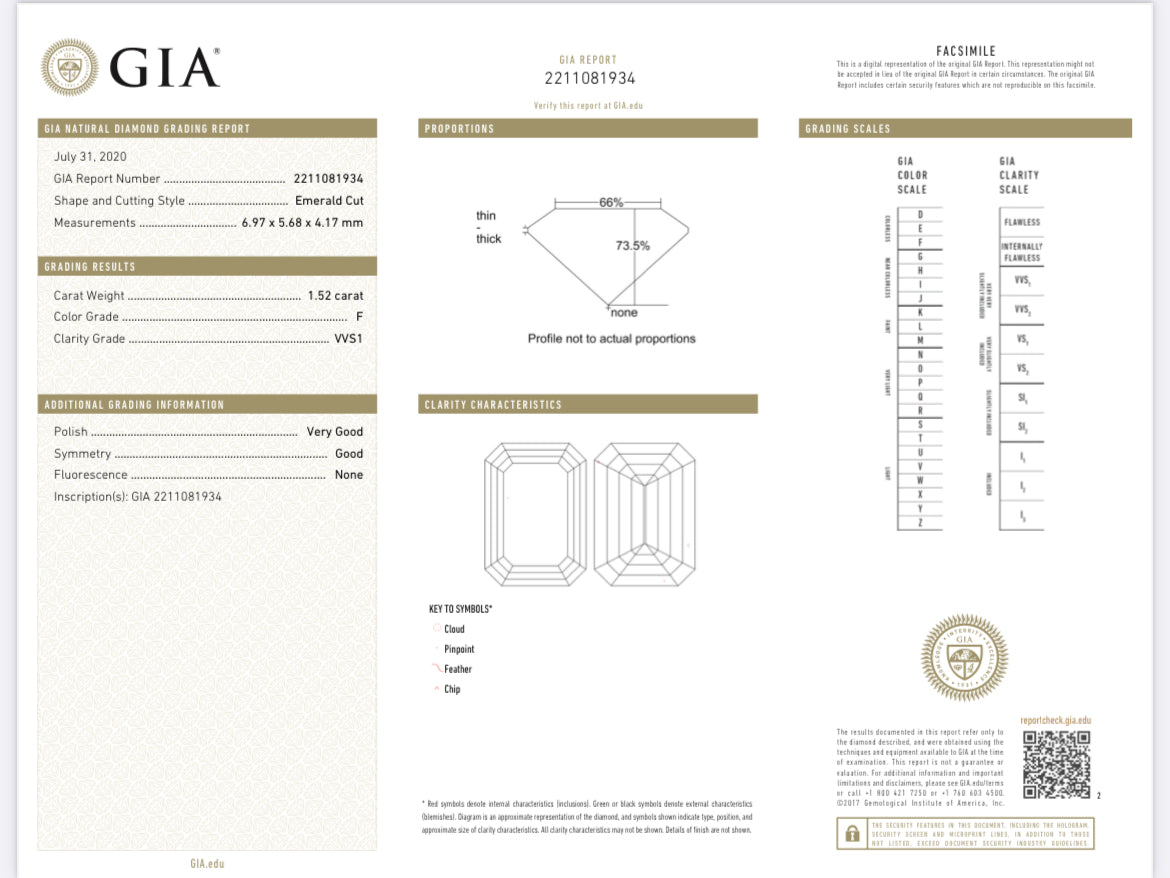 1.52 Carat Emerald Cut Diamond F , VVS1 GIA CERTIFICATE 2211081934