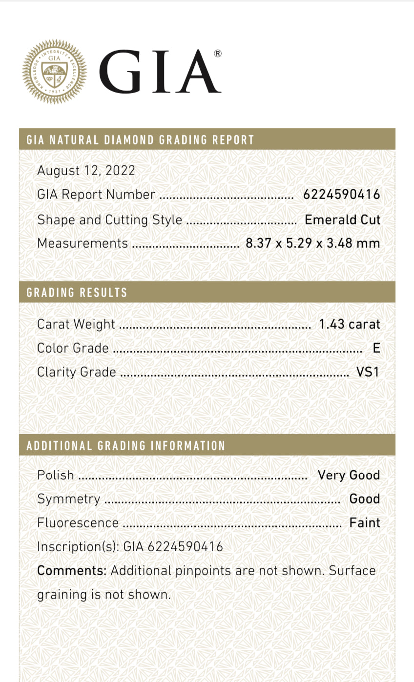 1.43 Carat Emerald Cut Diamond E , VS1 , GIA CERTIFICATE 622459016