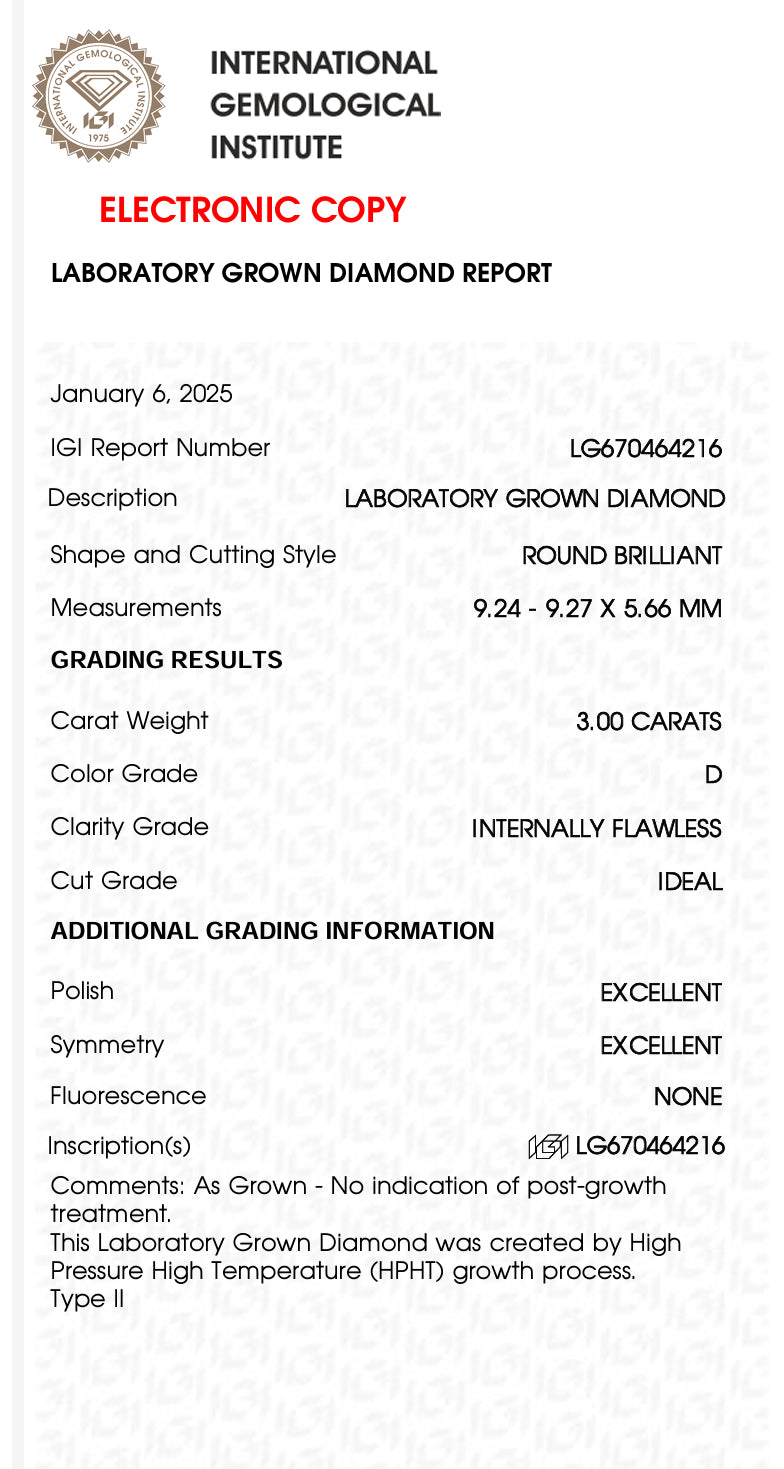 3.00 Carat Round Lab Grown Diamond, LG320862649, Color D, IDEAL, FLAWLESS LG670464216