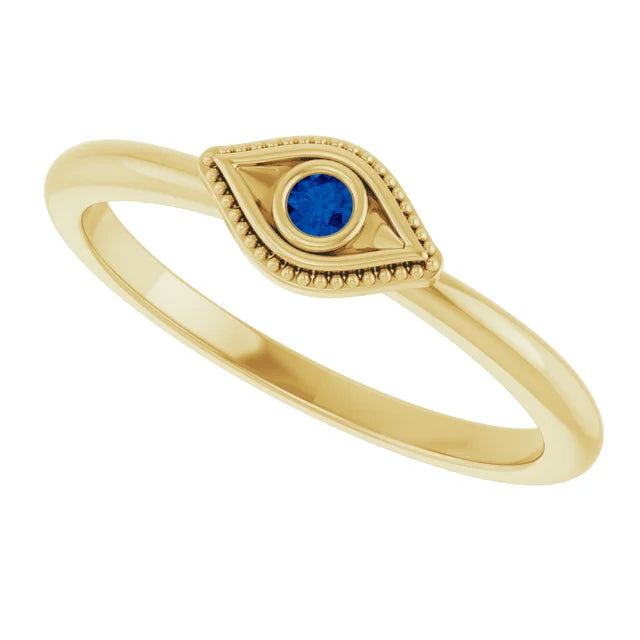 14K Yellow Gold Lab-Grown Blue Sapphire Stackable Evil Eye Ring - Size 7