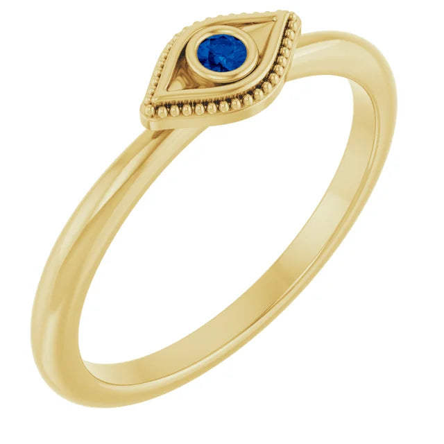 14K Yellow Gold Lab-Grown Blue Sapphire Stackable Evil Eye Ring - Size 7