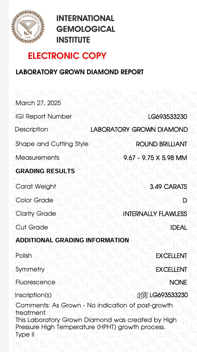 3.49 Carat Round Lab Grown Diamond, Color D , IDEAL FLAWLESS, LG321880285