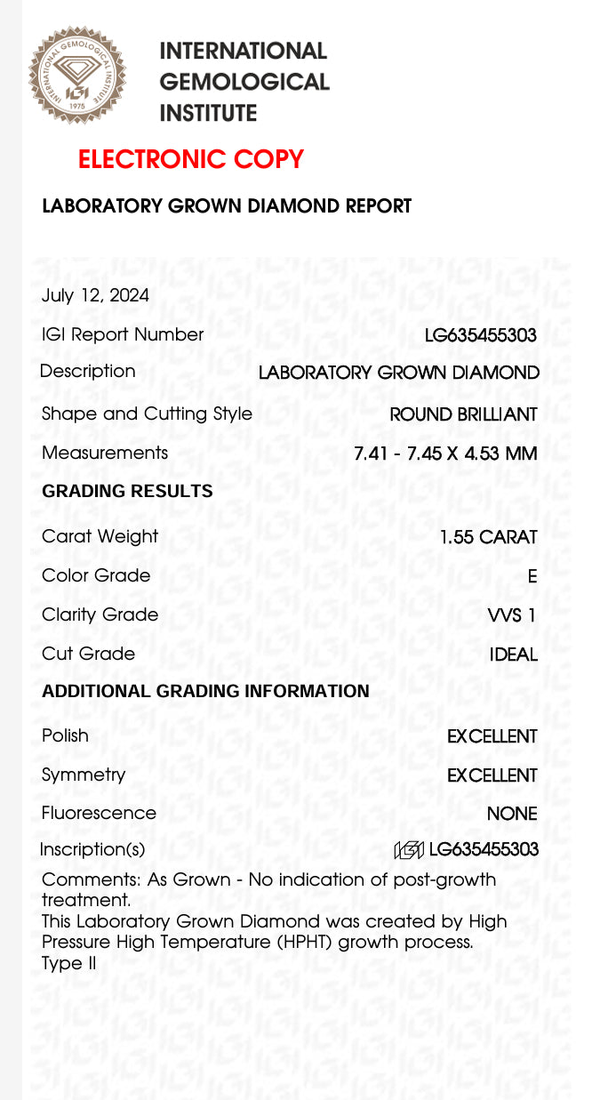 1.55 Carat Round Lab Grown Diamond, Color E , Clarity VVS1 , IDEAL + Excellent -IGI LG670464157