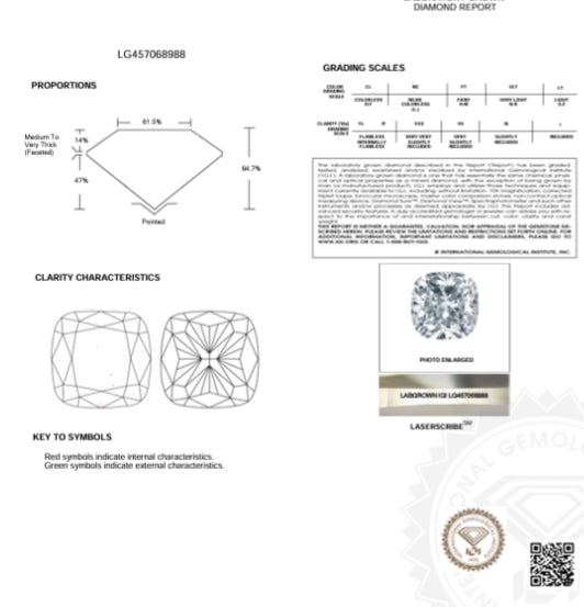 2.03 Lab Cushion Cut Diamond , Color G , Clarity VS2 Excellent and Excellent ,