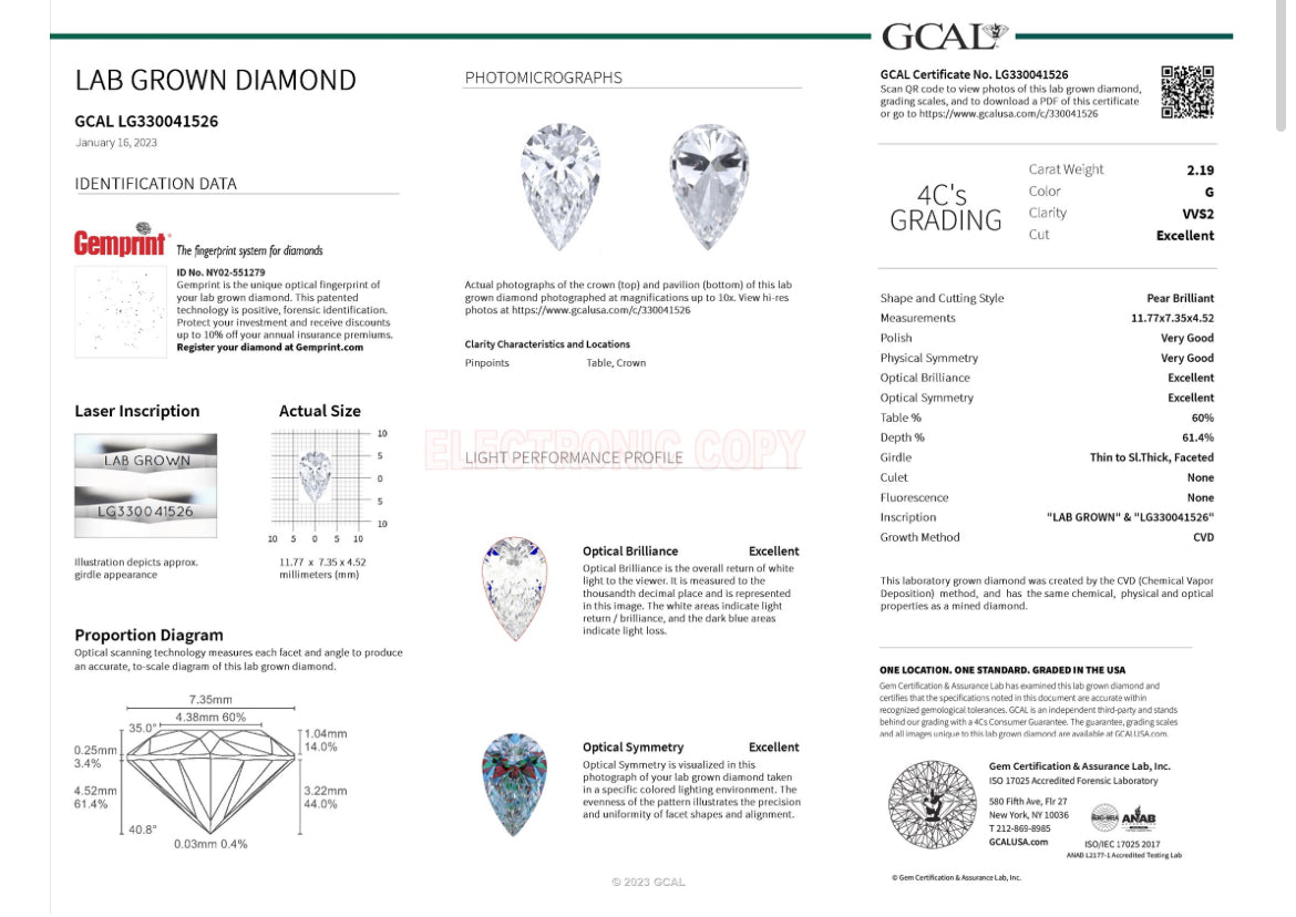 Pear 2.19 Lab Grown Diamond , Color G , Clarity VVS2, GCAL TRIPLE EXCELLENT Certificate LG330041526