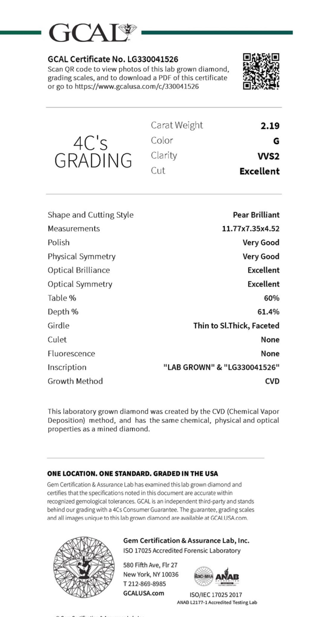 Pear 2.19 Lab Grown Diamond , Color G , Clarity VVS2, GCAL TRIPLE EXCELLENT Certificate LG330041526