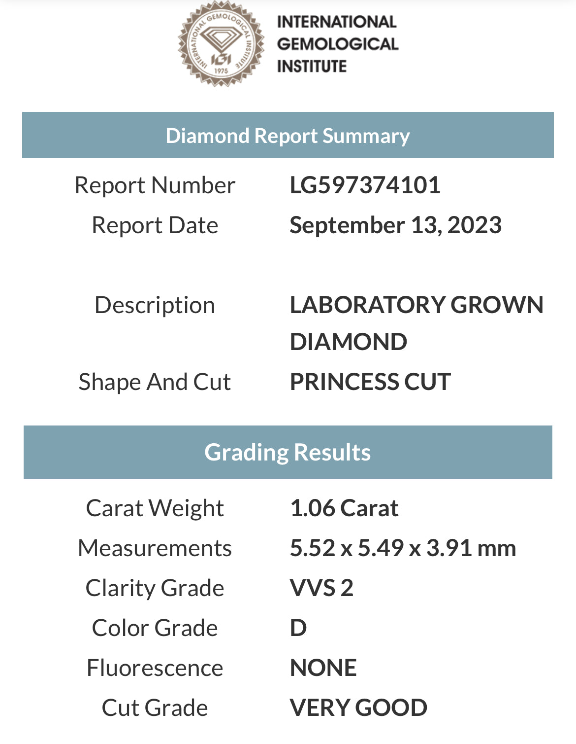 1.06 Lab Grown Princess Cut Diamond , Color D , Clarity VVS2 - GCAL LG597374101