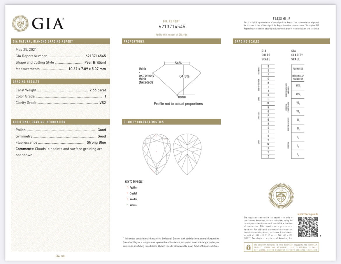 2.66 Carat Pear Shape Diamond I , VS2 , GIA Certified 6213714545