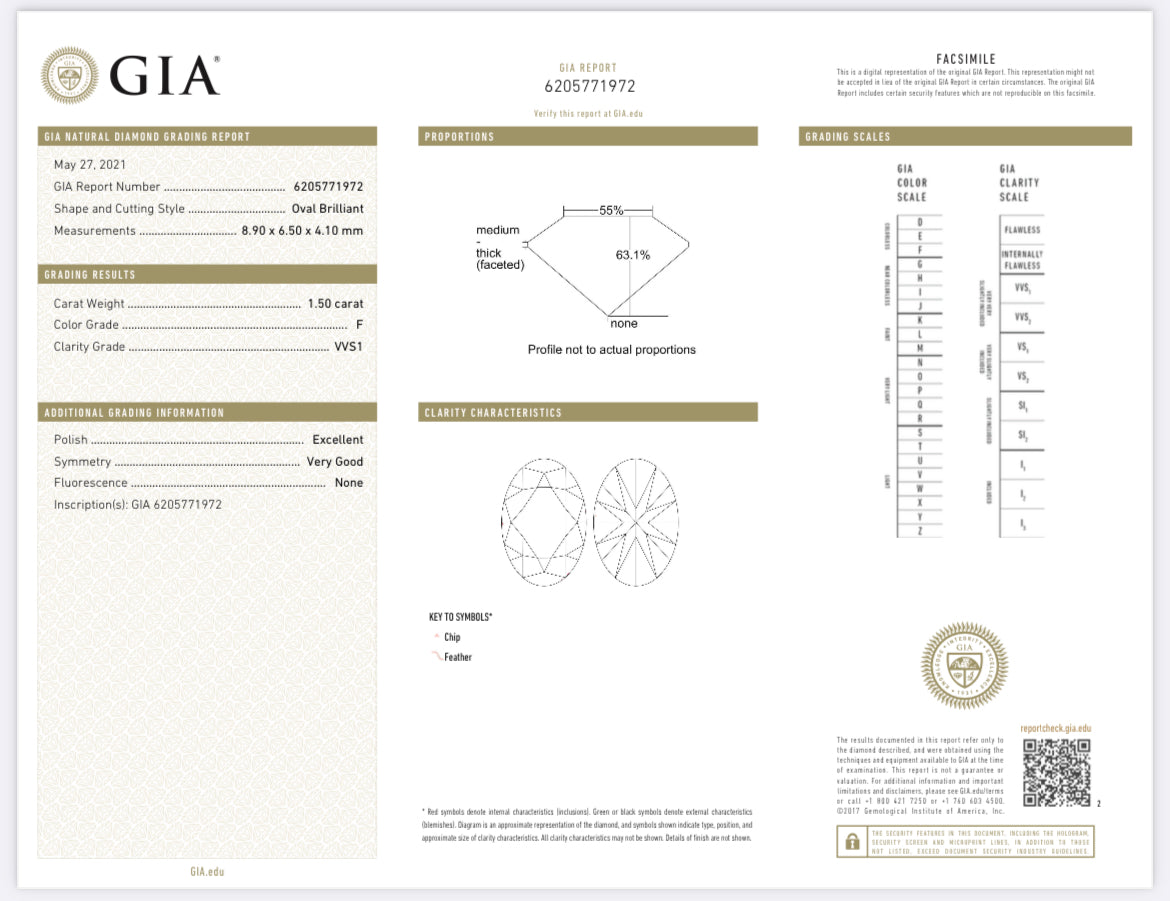 1.50 Carat Oval Cut Diamond F , VVS1 , GIA Certified 6205771972