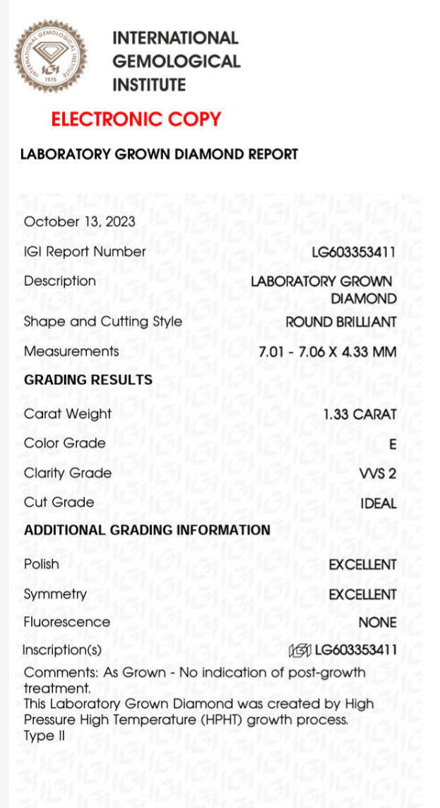 1.33 Carat Round Lab Grown Diamond, Color E , Clarity VVS2, LG603353411, IDEAL + Excellent