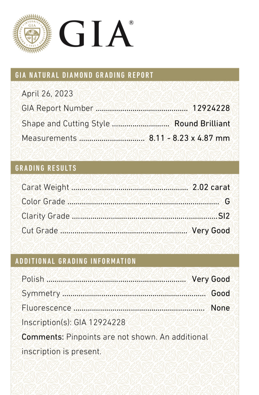 2.02 Carat Natural Round Diamond , Color G , Clarity SI2 - GIA 12924228