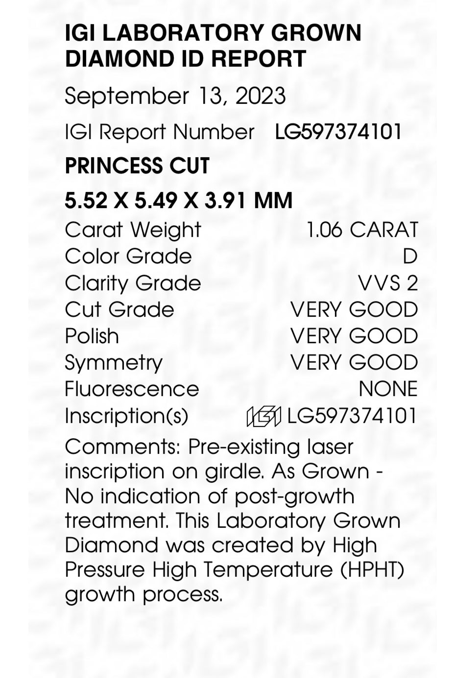 1.06 Lab Grown Princess Cut Diamond , Color D , Clarity VVS2 - GCAL LG597374101