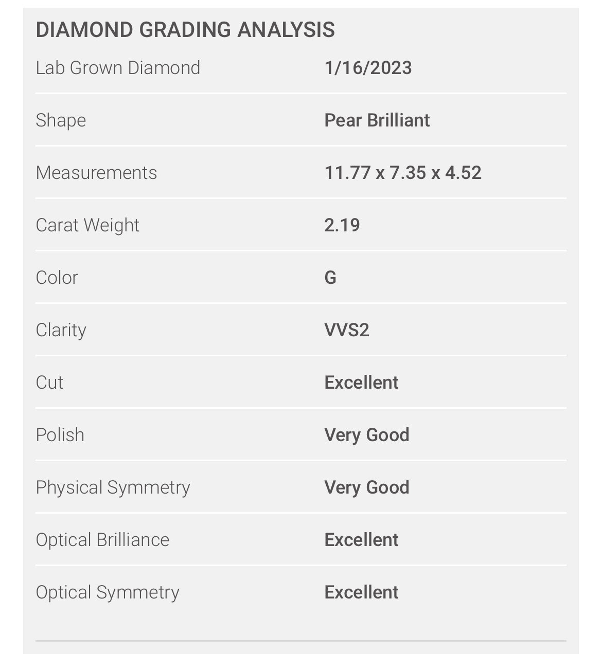 Pear 2.19 Lab Grown Diamond , Color G , Clarity VVS2, GCAL TRIPLE EXCELLENT Certificate LG330041526