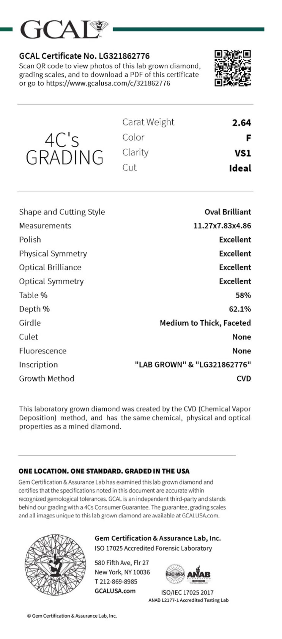 OVAL 2.64 Carat Lab Grown Diamond, Color F , Clarity VS1, LG321862776 Diamond Report- TRIPLE EXCELLENT