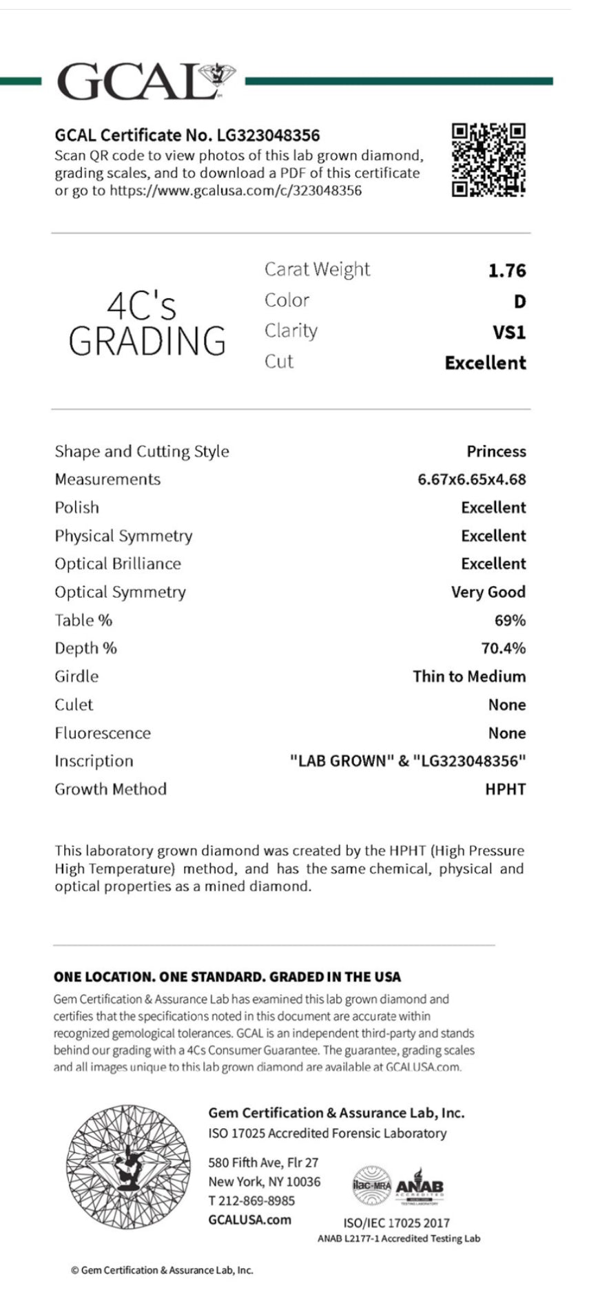 1.76 Lab Grown Princess Cut Diamond , Color D , Clarity VS1 -GCAL LG323048356 + Triple Excellent