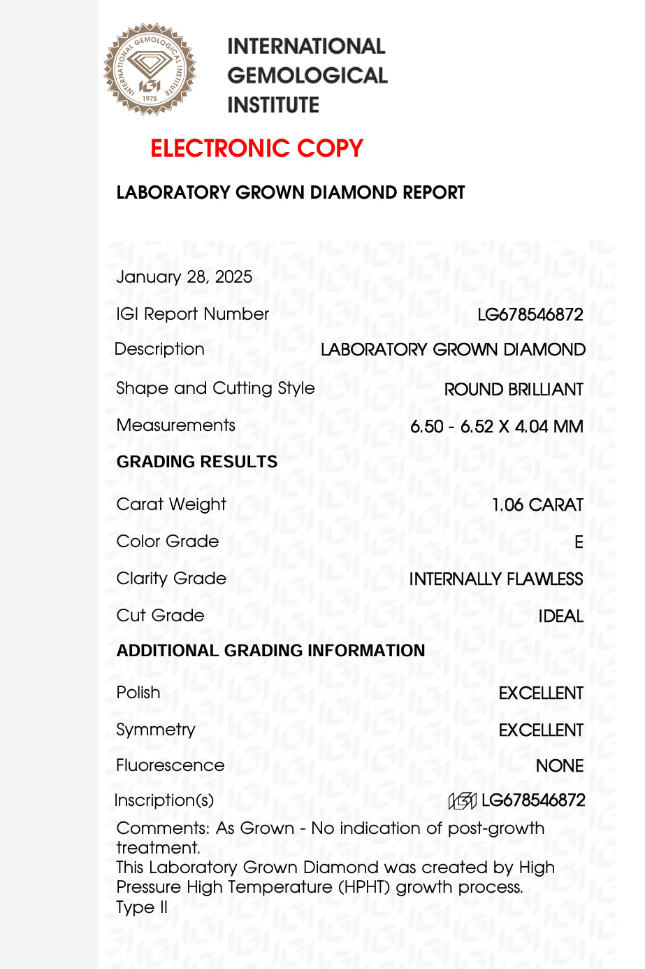 1.06 Carat Round Lab Grown Diamond, Color E , IDEAL EXCELLENT LG678546872
