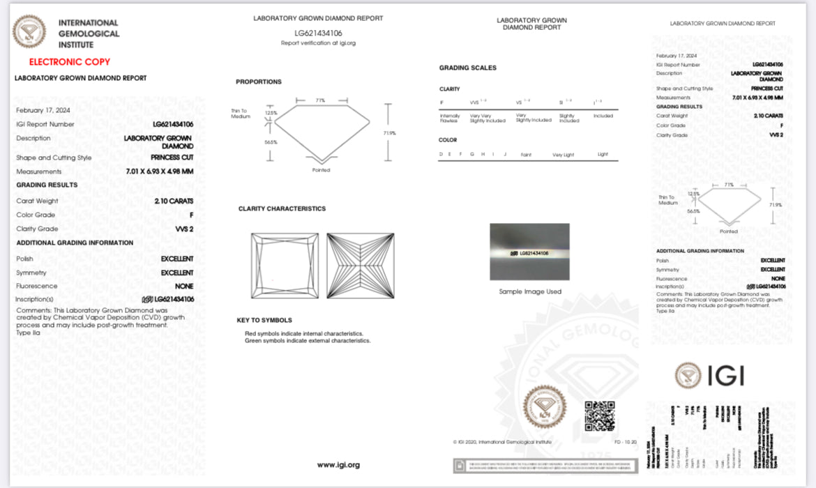 2.10 Lab Grown Princess Cut Diamond , Color F , Clarity VVS2 -LG621434106 + Triple Excellent