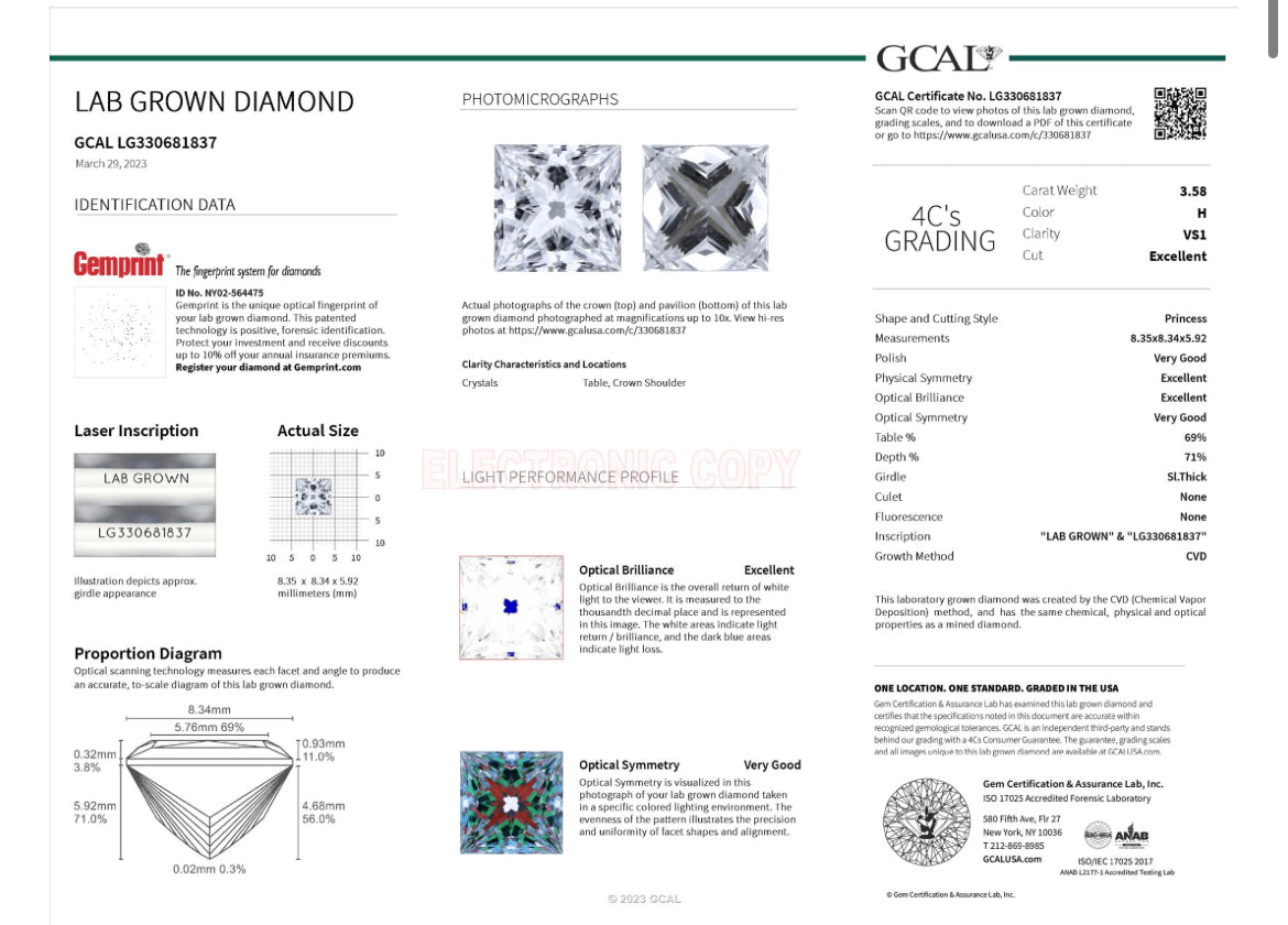 3.50 Lab Grown Princess Cut Diamond
