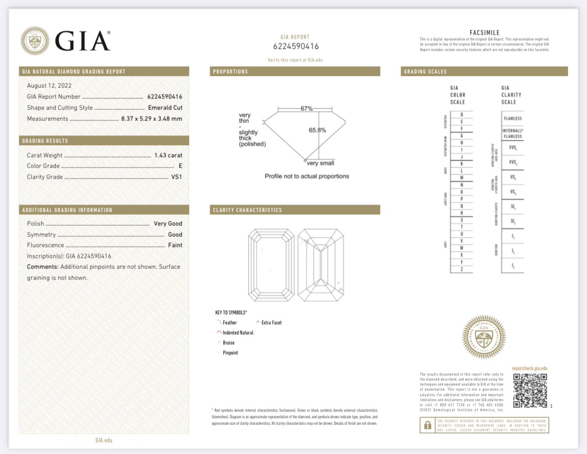 1.43 Carat Emerald Cut Diamond E , VS1 , GIA CERTIFICATE 622459016