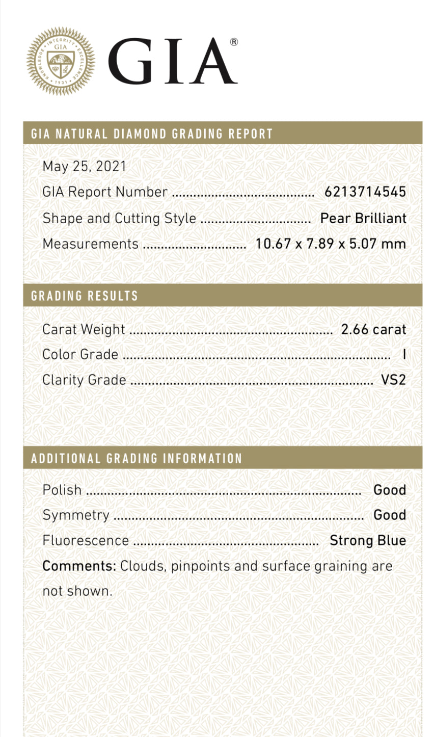 2.66 Carat Pear Shape Diamond I , VS2 , GIA Certified 6213714545