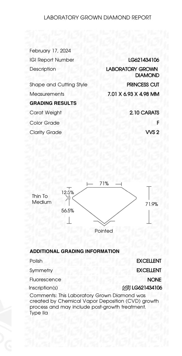 2.10 Lab Grown Princess Cut Diamond , Color F , Clarity VVS2 -LG621434106 + Triple Excellent