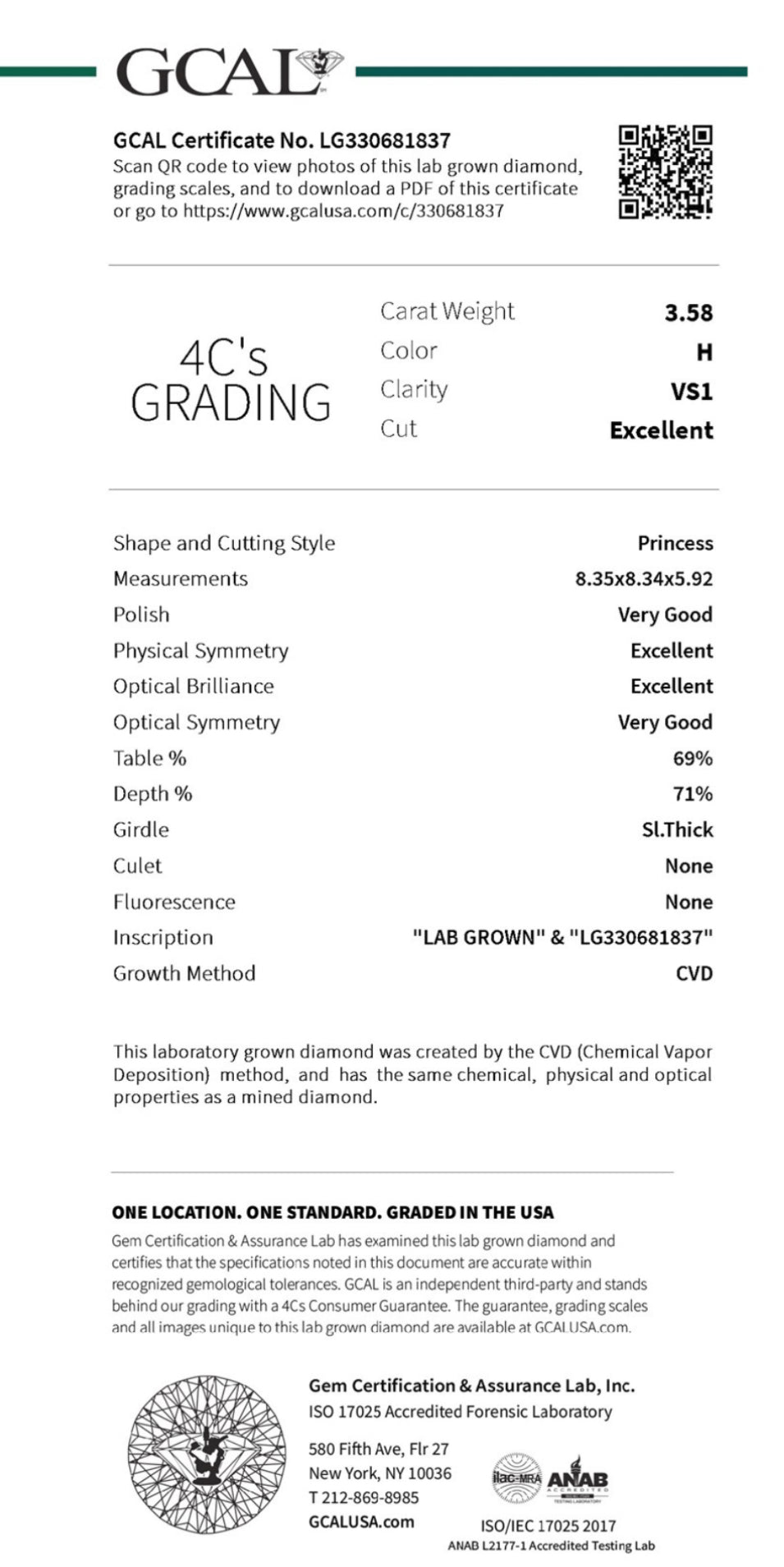 3.50 Lab Grown Princess Cut Diamond