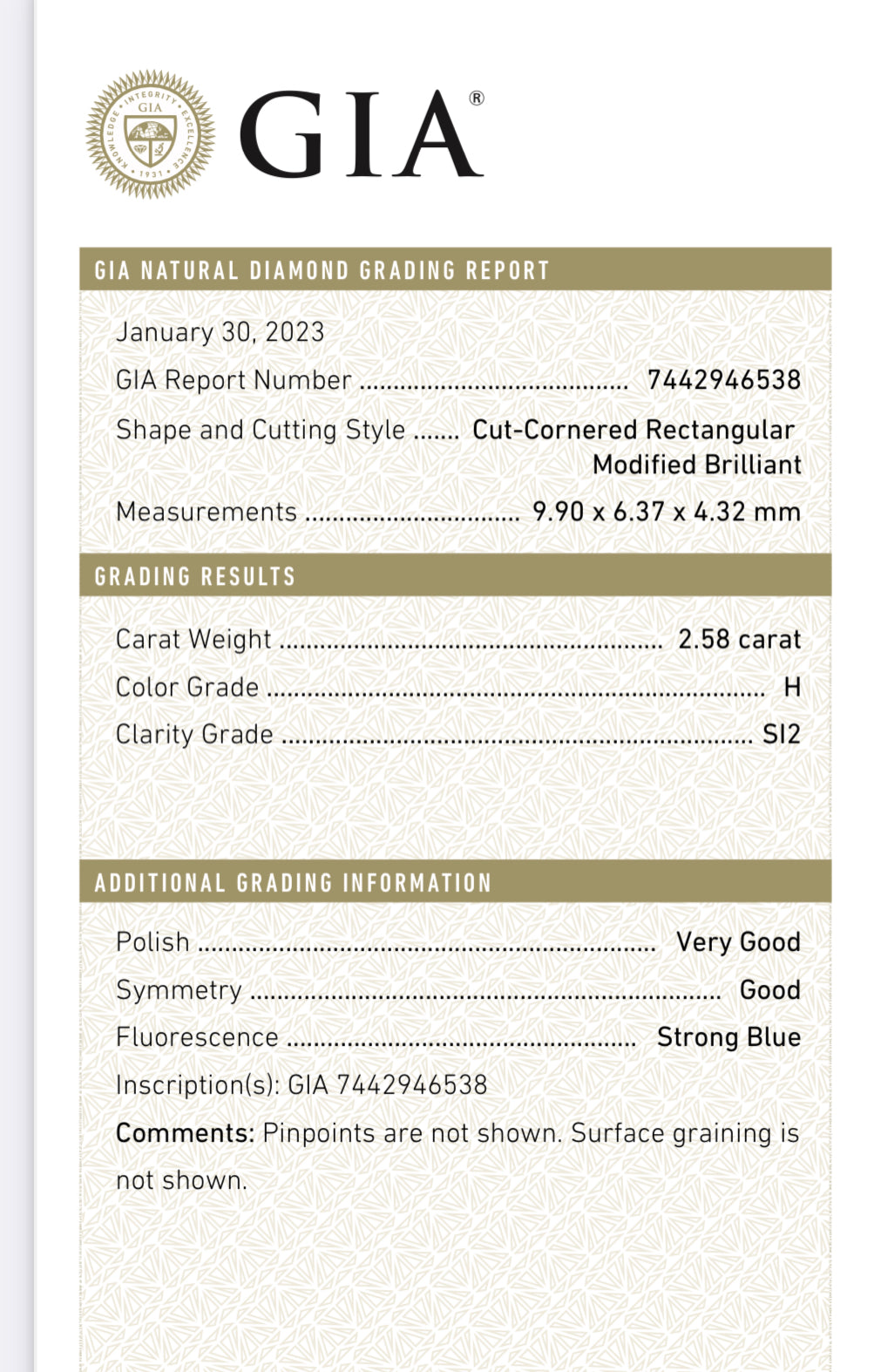 2.58 carat Natural Radiant Cut Diamond , Color H , clarity SI2 - GIA 7442946538