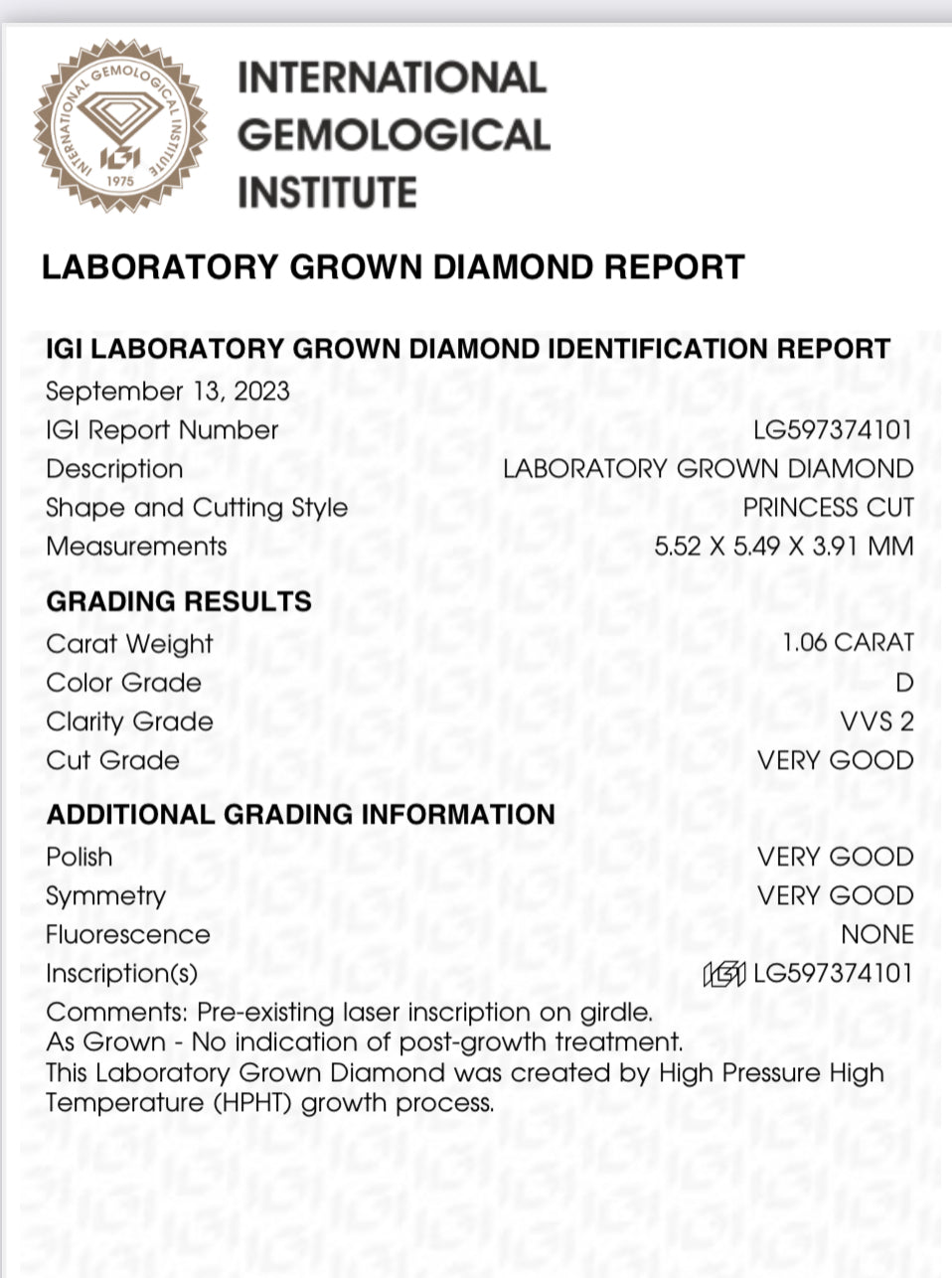 1.06 Lab Grown Princess Cut Diamond , Color D , Clarity VVS2 - GCAL LG597374101