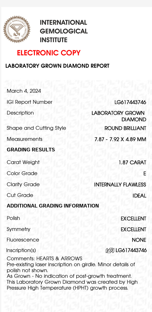 1.87 Carat Round Lab Grown Diamond, IGI LG617443746, Color E , Clarity VVS2 , FLAWLESS + IDEAL