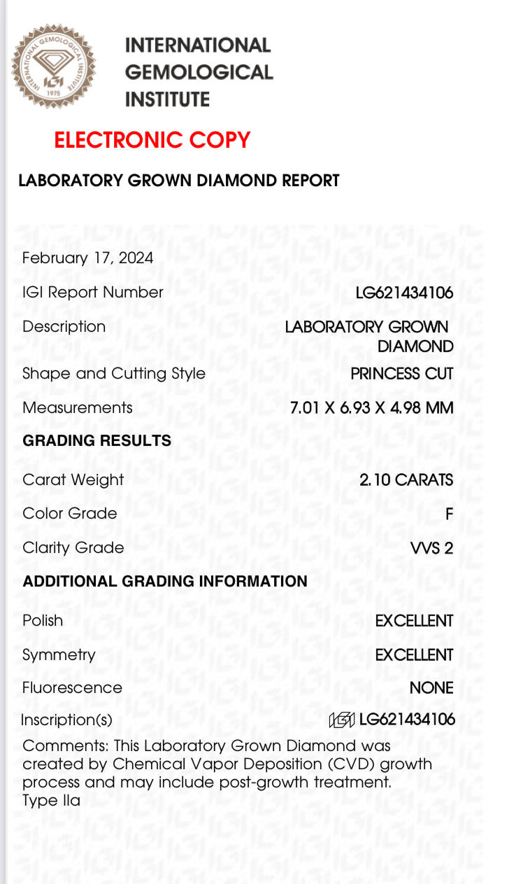2.10 Lab Grown Princess Cut Diamond , Color F , Clarity VVS2 -LG621434106 + Triple Excellent