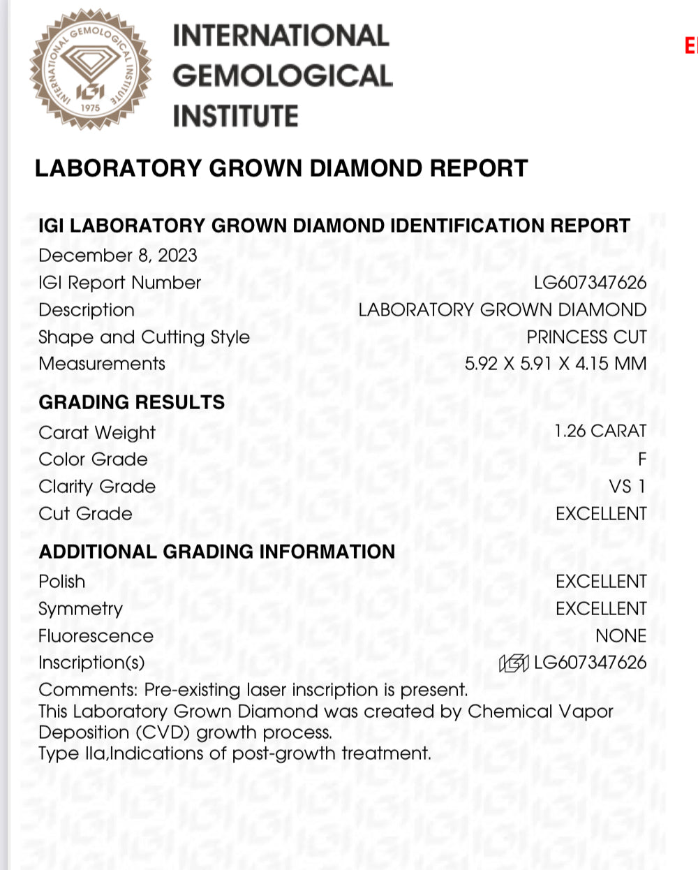 1.26 Lab Grown Princess Cut Diamond , Color F , Clarity VS1 - GCAL LG607347626