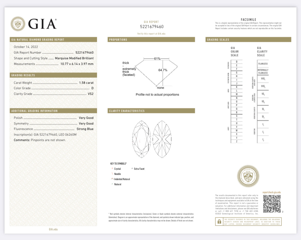 1.58 carat Marquise Diamond D, VS2 , GIA CERTIFICATE 5221679460