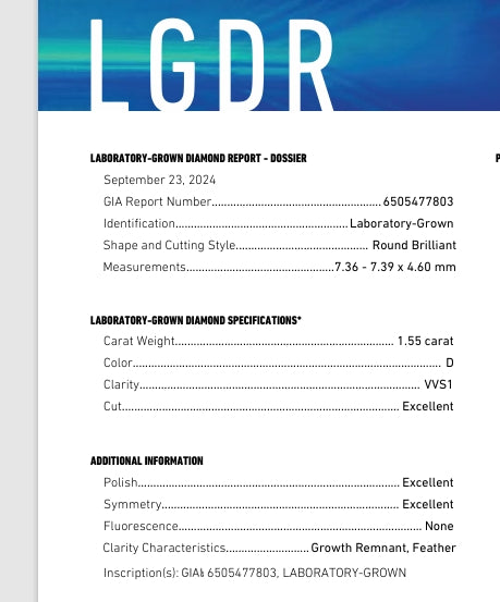 1.55 Carat Round Lab Grown Diamond, Color D + TRIPLE EXCELLENT , certificate GIA