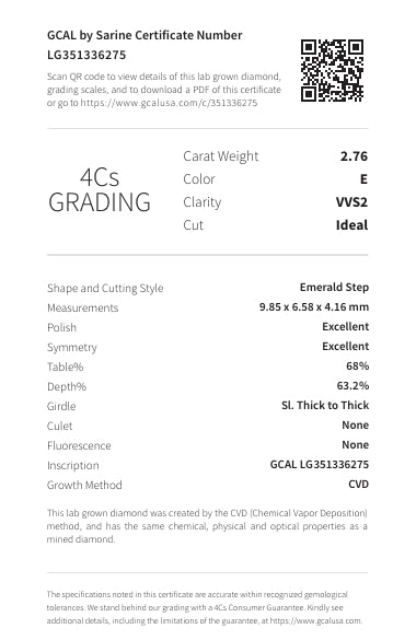 Emerald Cut 2.76 Carat Lab Grown Diamond, Color E , Clarity VVS2, IDEAL Certificate LG351336275