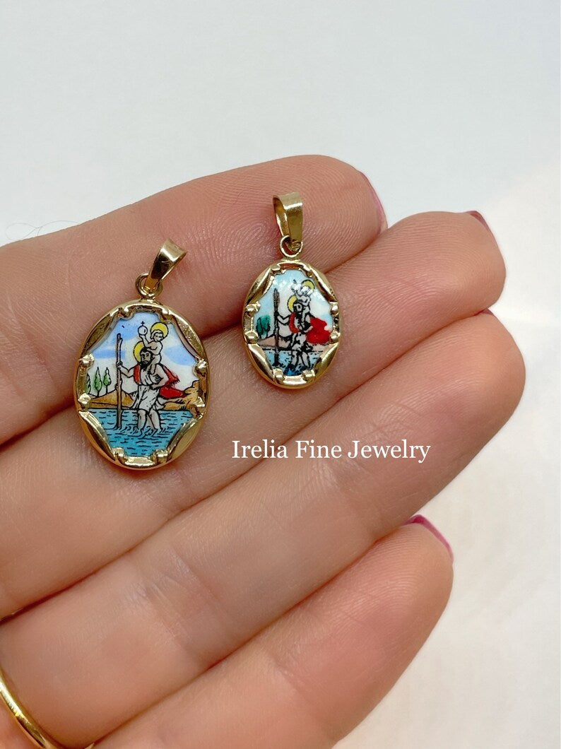 14K Yellow Gold Hand Painted Porcelain Saint Christopher Pendant- Made in Italy