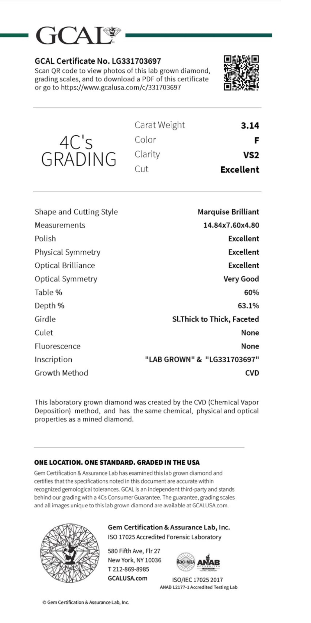 Marquise 3.14 Carat Lab Grown Diamond , Color F , Clarity VS2 , IGI Report LG331703697