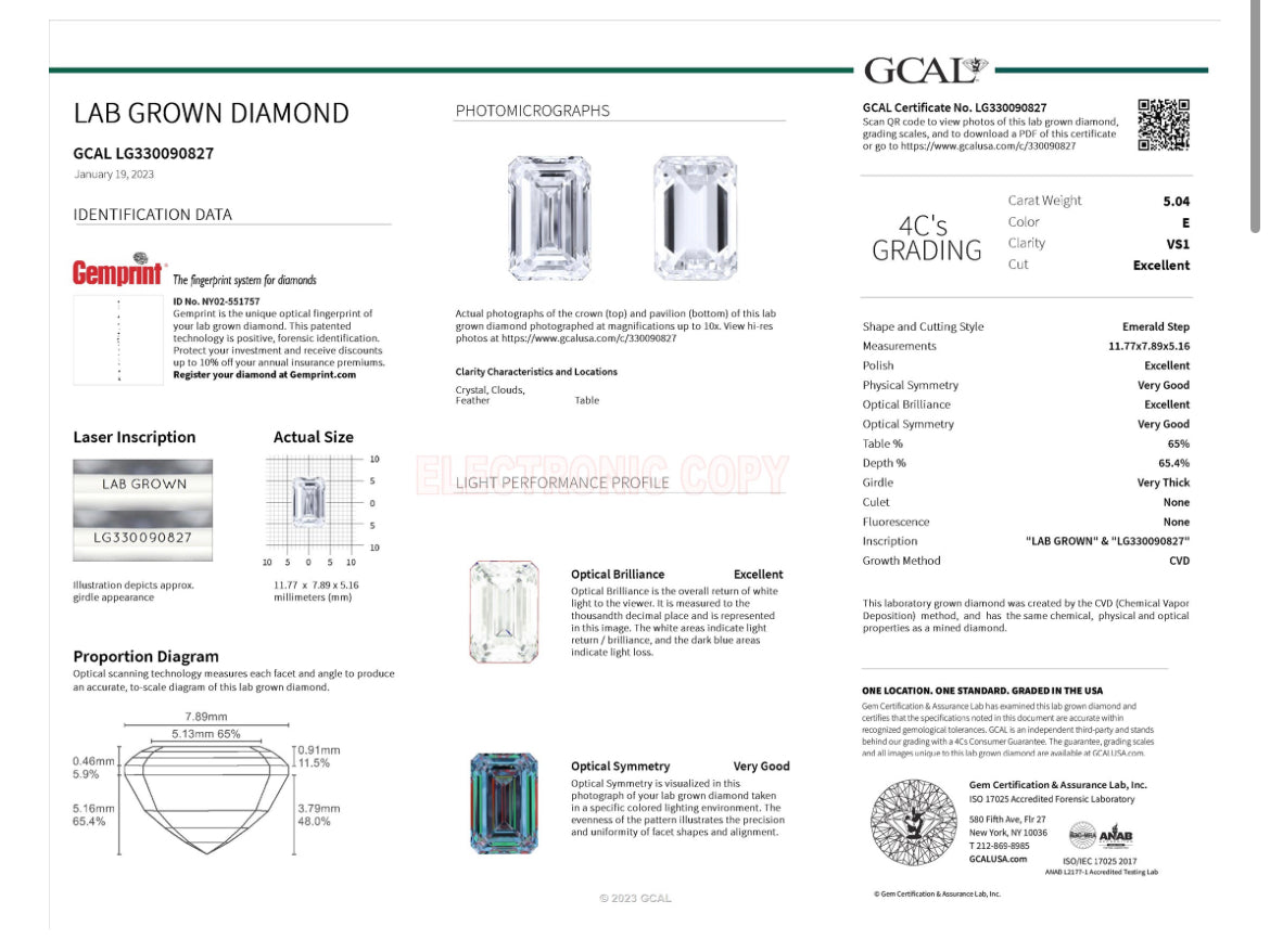 Emerald Cut 5.04 Carat Lab Grown Diamond , Color E , Clarity VS1 , GCAL Certificate LG330090827