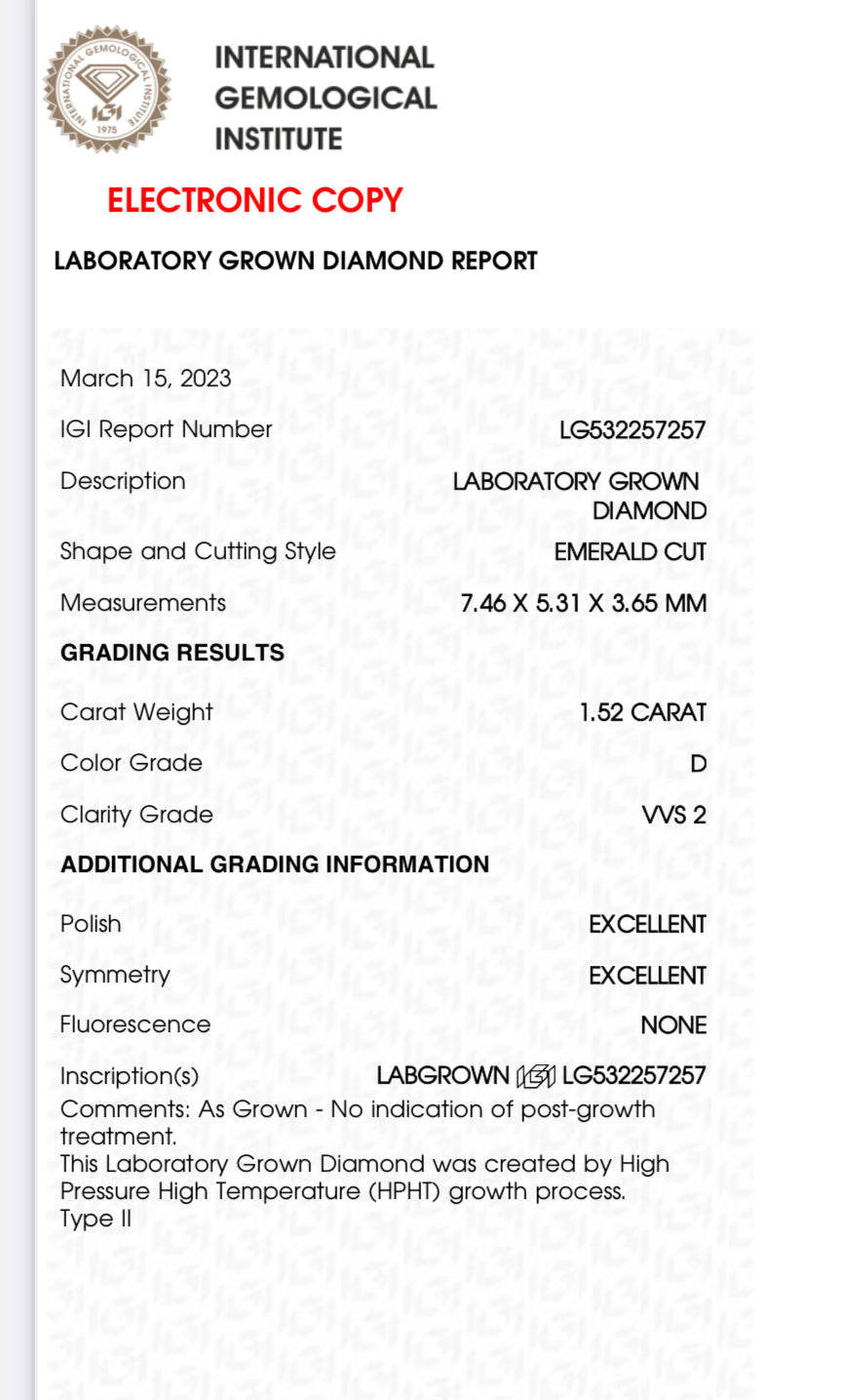 Emerald 1.52 Carat Lab Grown Diamond , Color D , Clarity VVS2 , IGI Report LG532257257