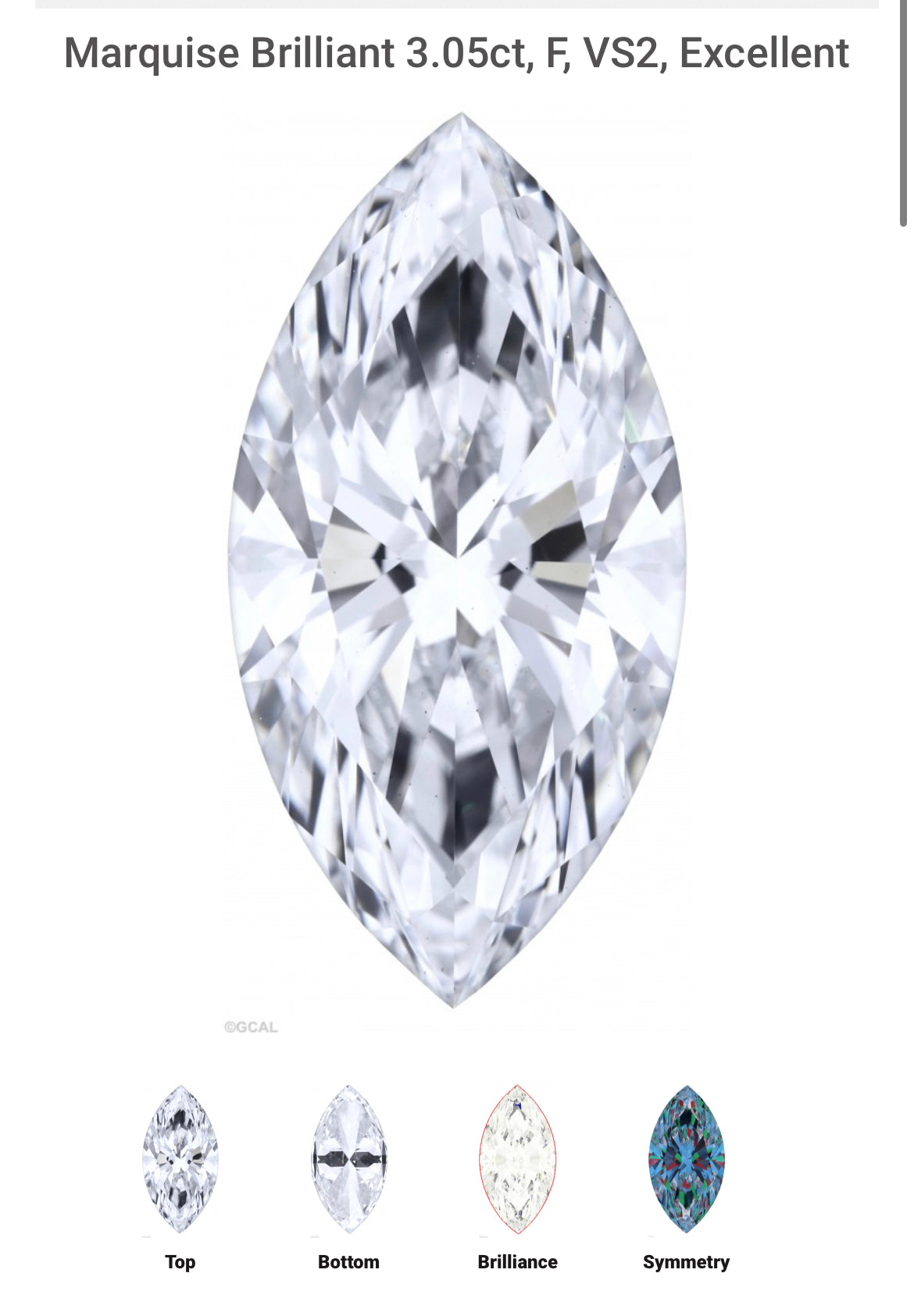 Marquise 3.05 Carat Lab Grown Diamond , Color F , Clarity VS2 , GCAL Report LG331703664