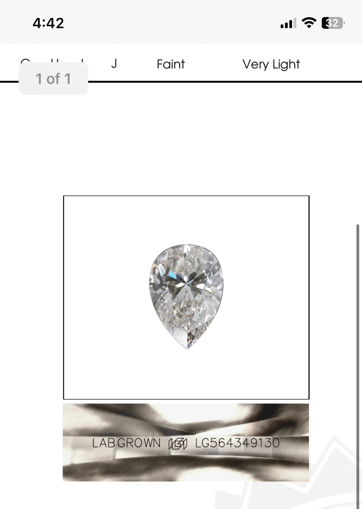 PEAR 2.21 Lab Grown Diamond , Color G , Clarity VS1, IGI Certificate LG321601371