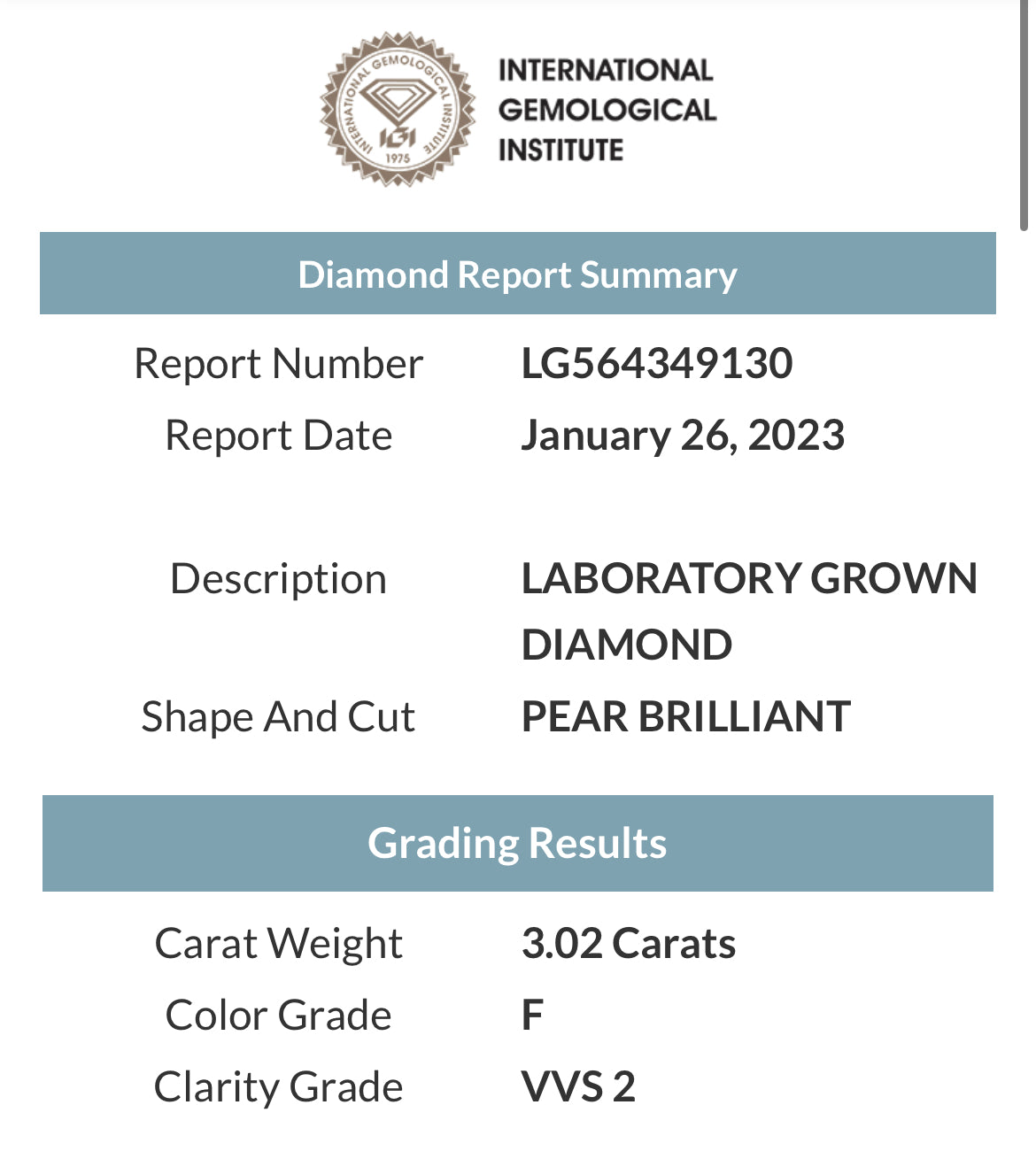 PEAR 2.21 Lab Grown Diamond , Color G , Clarity VS1, IGI Certificate LG321601371