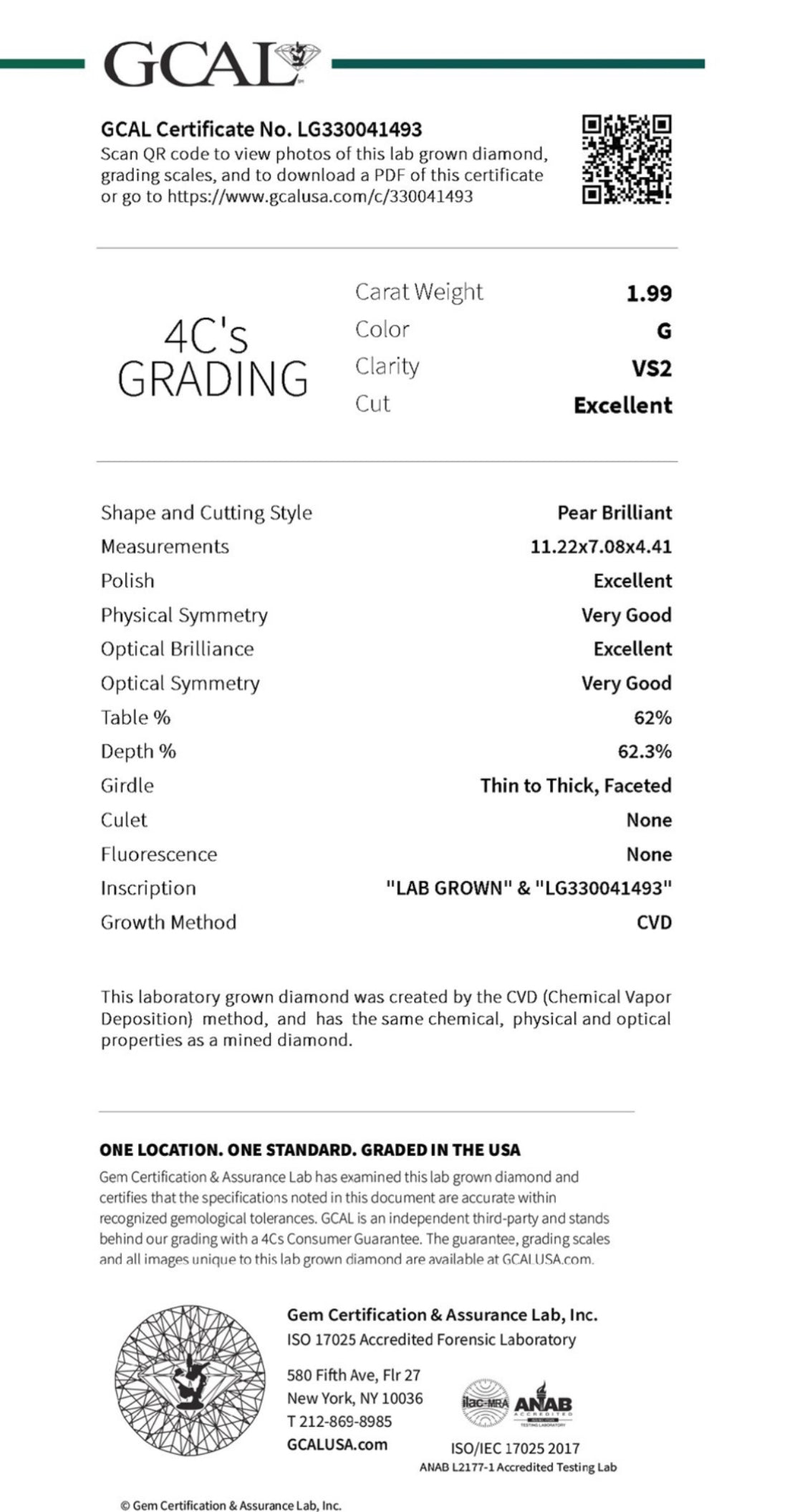 PEAR 1.99 Lab Grown Diamond , Color G , Clarity VS2, GCAL Certificate LG330041493