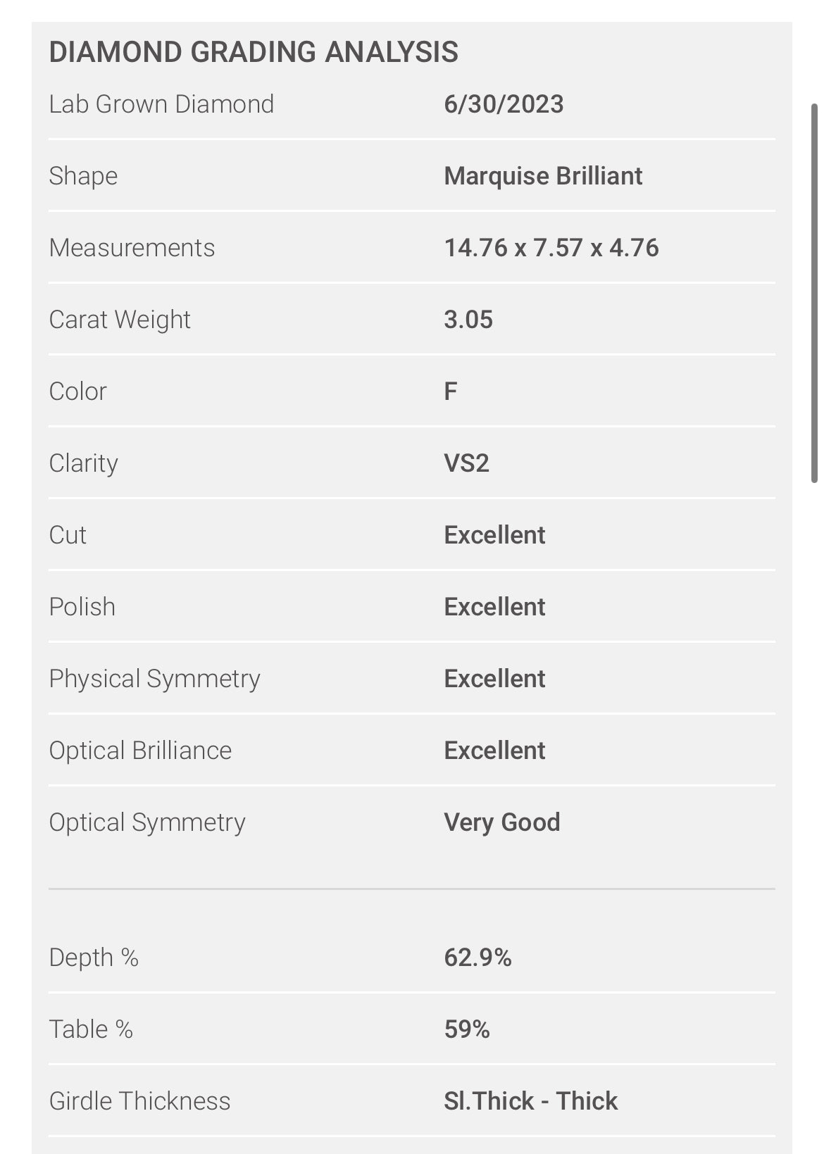 Marquise 3.05 Carat Lab Grown Diamond , Color F , Clarity VS2 , GCAL Report LG331703664