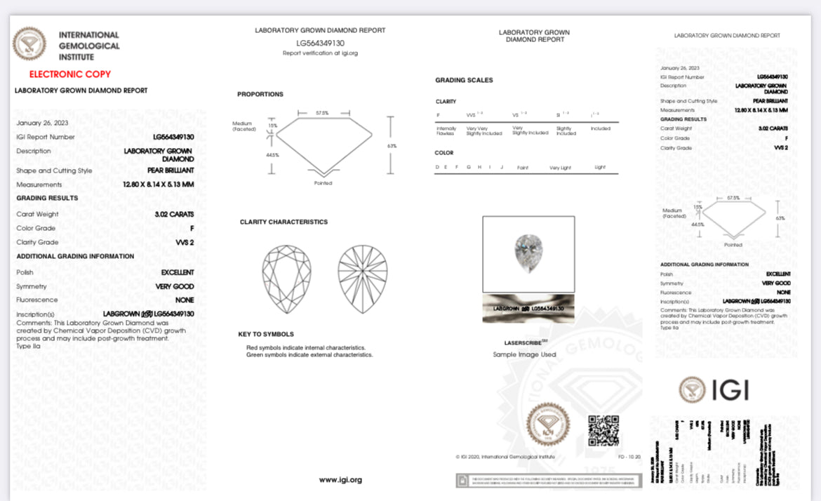 PEAR 2.21 Lab Grown Diamond , Color G , Clarity VS1, IGI Certificate LG321601371