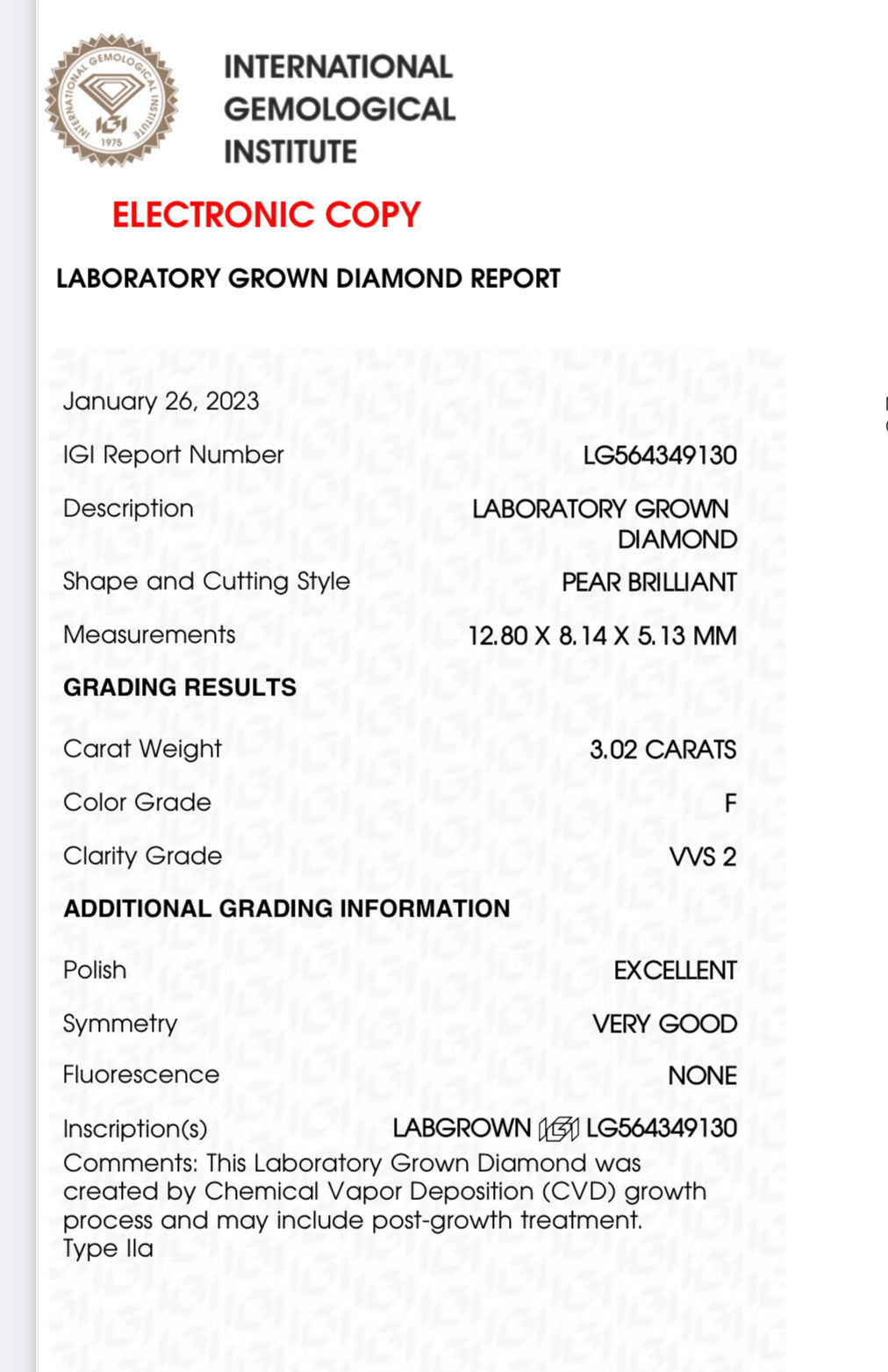 PEAR 2.21 Lab Grown Diamond , Color G , Clarity VS1, IGI Certificate LG321601371