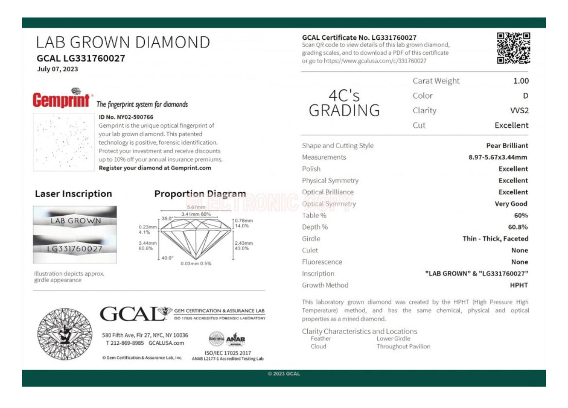 PEAR 1.15 Lab Grown Diamond , Color D , Clarity VVS1, GCAL TRIPLE EXCELLENT Certificate LG331860341
