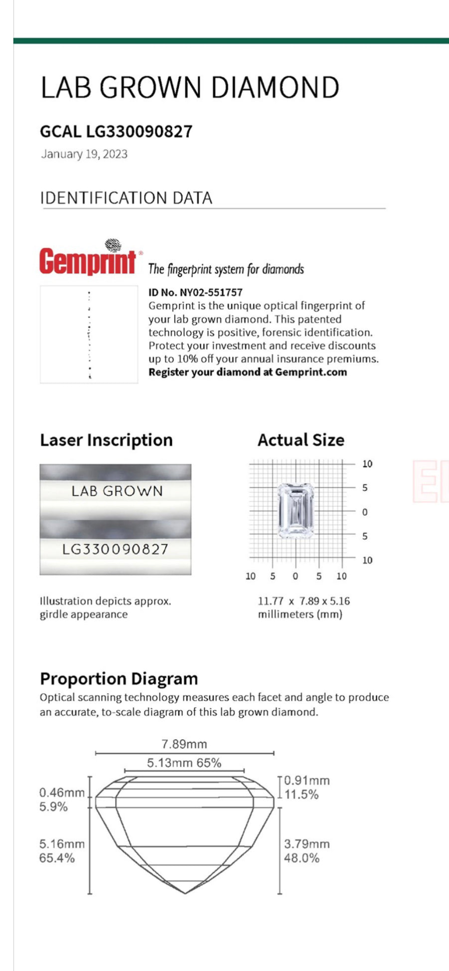 Emerald Cut 5.04 Carat Lab Grown Diamond , Color E , Clarity VS1 , GCAL Certificate LG330090827