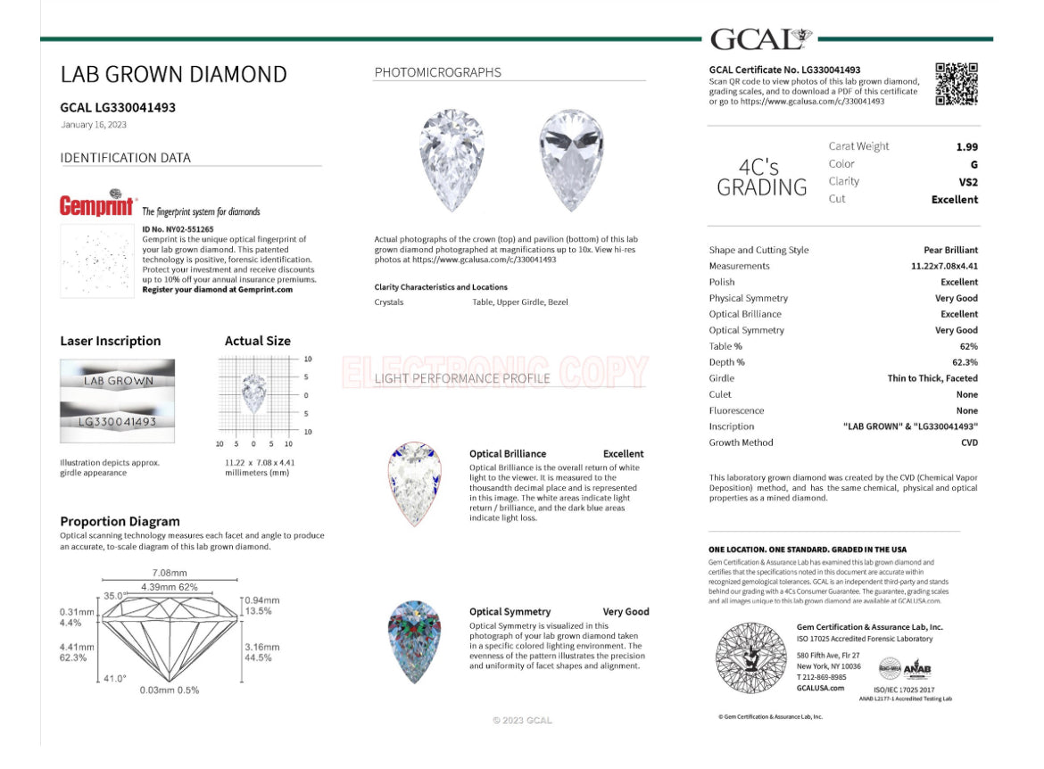 PEAR 1.99 Lab Grown Diamond , Color G , Clarity VS2, GCAL Certificate LG330041493