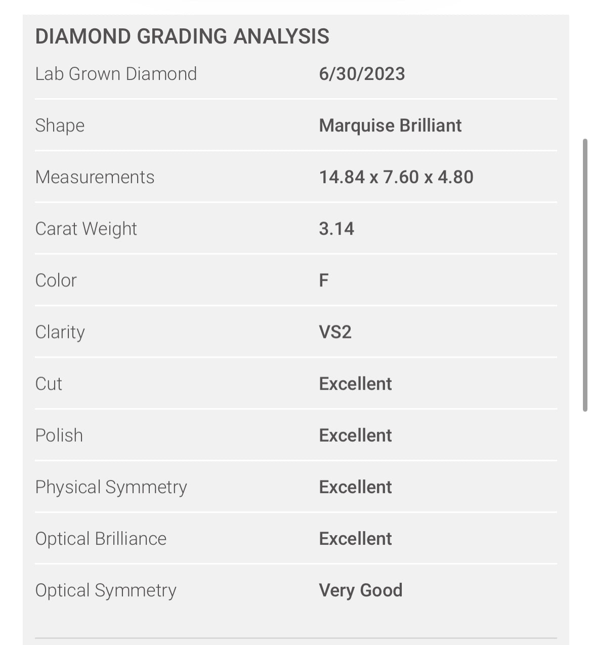 Marquise 3.14 Carat Lab Grown Diamond , Color F , Clarity VS2 , IGI Report LG331703697