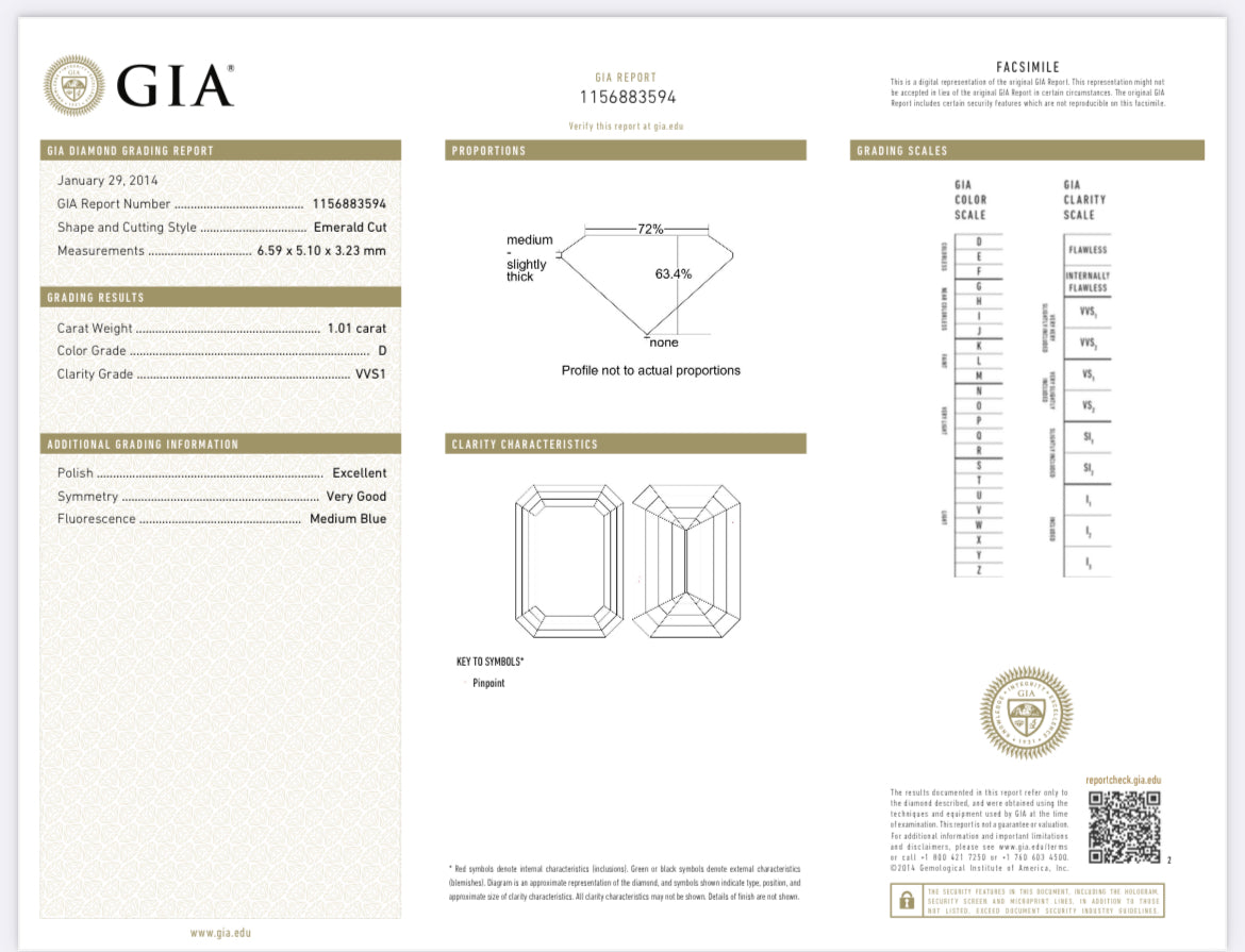 1.01 Carat Emerald Cut Diamond D , VVS1 , GIA CERTIFICATE 1156883594